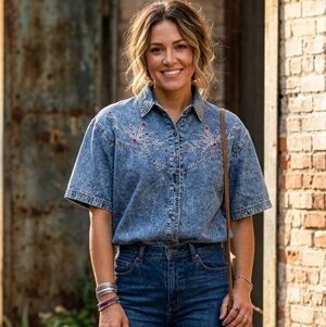 Pretty Blue Vintage Blue and Red Button Down Shirt with Floral Embroidery